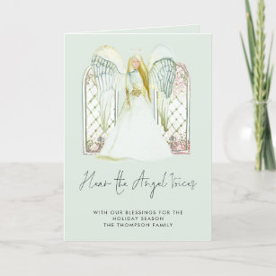 Whimsical Watercolor Angel Voices Lyrics Script Holiday Card