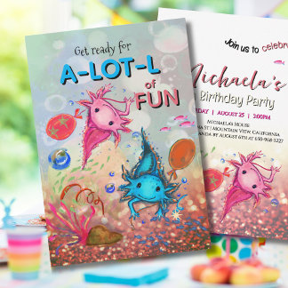 Whimsical Watercolor Axolotl Girl Birthday Invitation