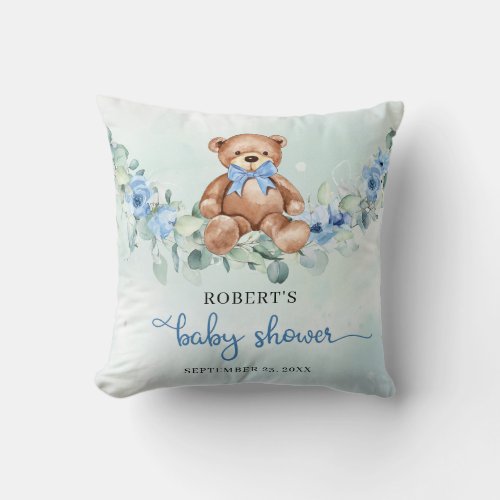 Whimsical watercolor baby bear blue flowers throw pillow