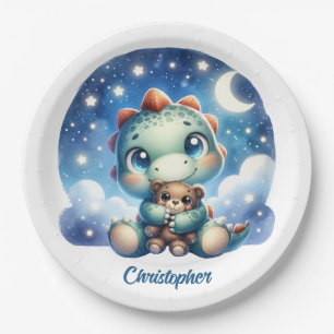 Whimsical watercolor baby dino hugging bear paper plates