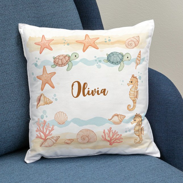 Whimsical Watercolor Baby Sea Creatures Throw Pillow (Creator Uploaded)