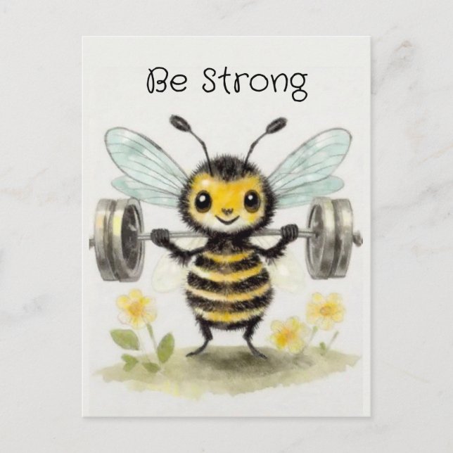 Whimsical Watercolor Barbell Bee Fitness Motivate Postcard (Front)