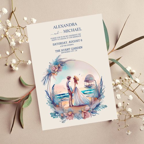 Whimsical Watercolor Beach Destination Wedding Invitation