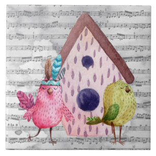 Whimsical Watercolor Birds and Music Ceramic Tile