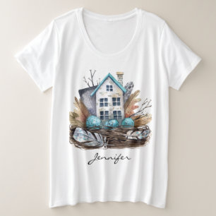 Whimsical Watercolor Birds Nest Fairytale House Plus Size T-Shirt