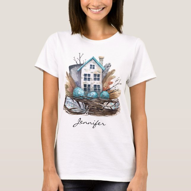 Whimsical Watercolor Birds Nest Fairytale House T-Shirt (Front)