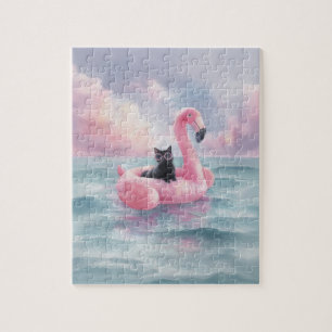 Whimsical Watercolor Black Cat Flamingo Float Jigsaw Puzzle