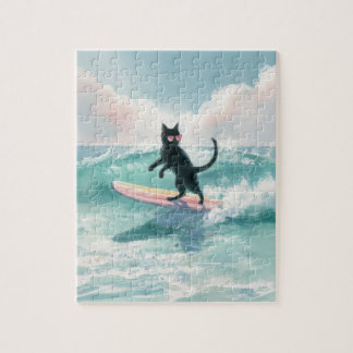 Whimsical Watercolor Black Cat Surfing Puzzle