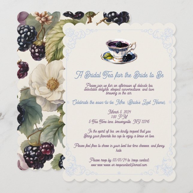 Whimsical Watercolor Blackberry Blooms Invitation (Front/Back)