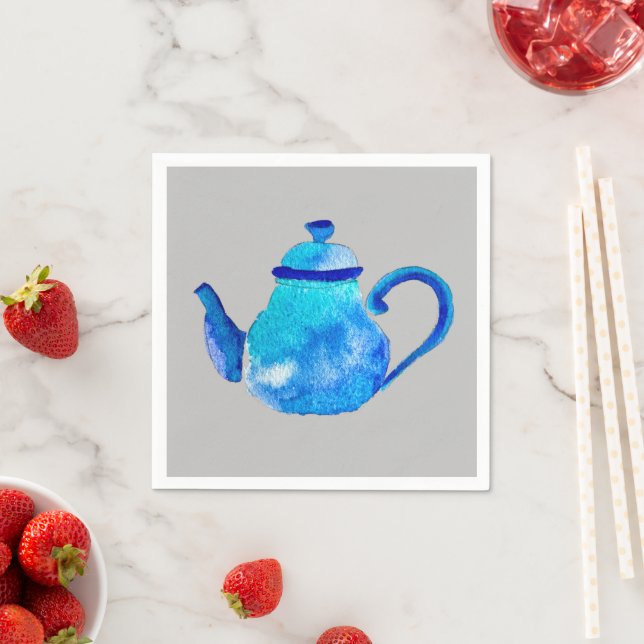 Whimsical watercolor blue teapot napkins (Insitu)