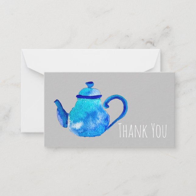 Whimsical watercolor blue teapot note card (Front)