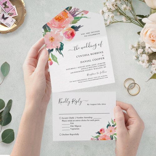 Whimsical Watercolor Botanical Floral Wedding All In One Invitation