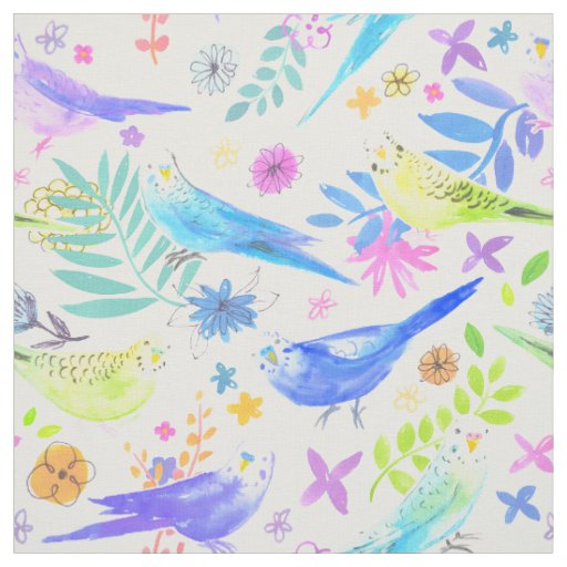 Whimsical Watercolor Budgie Parakeets Fabric