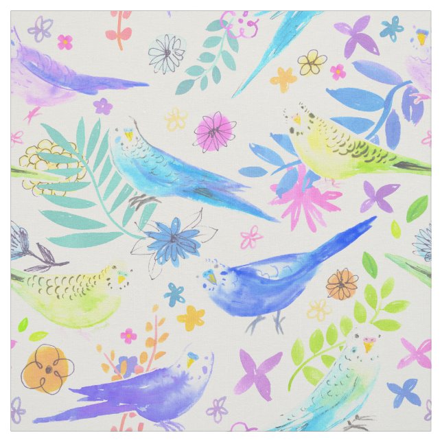Whimsical Watercolor Budgie Parakeets Fabric (Swatch)
