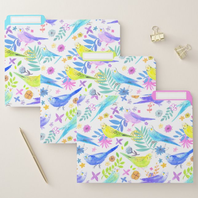 Whimsical Watercolor Budgie Parakeets File Folder (Set)