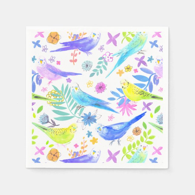 Whimsical Watercolor Budgie Parakeets Napkins (Front)