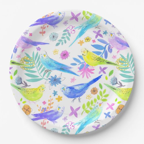 Whimsical Watercolor Budgie Parakeets Paper Plates