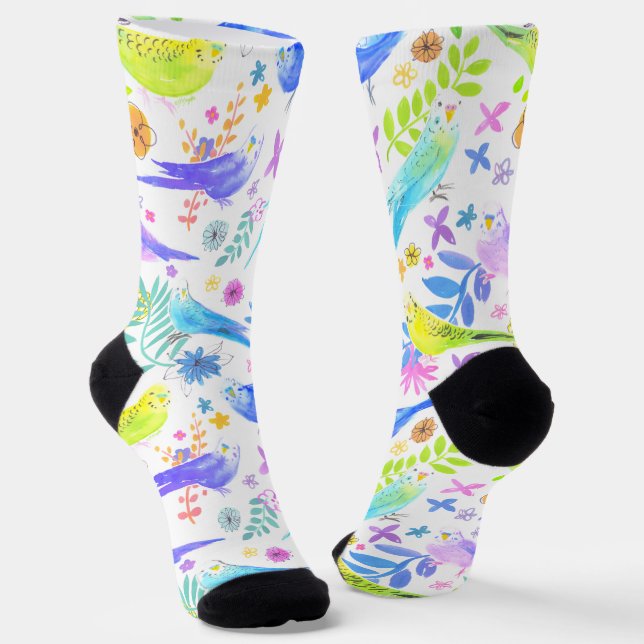 Whimsical Watercolor Budgie Parakeets Socks (Angled)