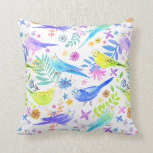 Whimsical Watercolor Budgie Parakeets Throw Pillow