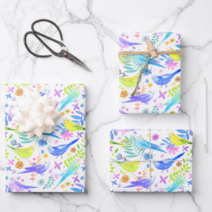 Whimsical Watercolor Budgie Parakeets Wrapping Paper Sheets