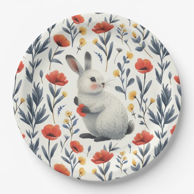 Whimsical Watercolor Bunny Meadow Easter Brunch Paper Plates (Front)