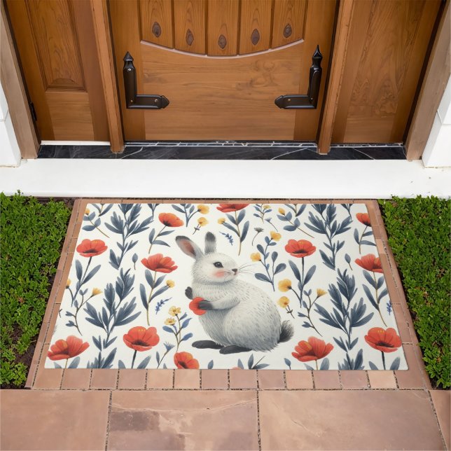 Whimsical Watercolor Bunny Meadow Easter  Doormat (Outdoor)