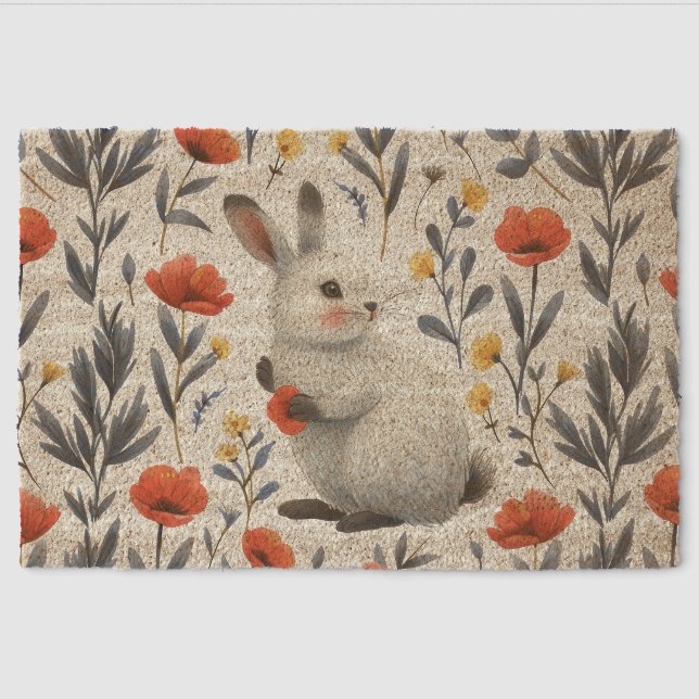 Whimsical Watercolor Bunny Meadow Easter  Fiber Doormat (Front)