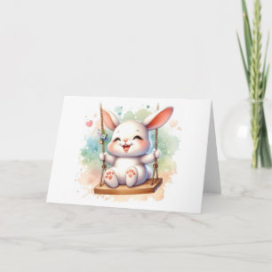 Whimsical Watercolor Bunny Rabbit on Swing Blank Card