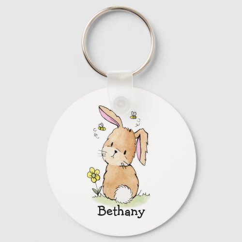 Whimsical Watercolor Bunny Rabbit Personalized Keychain