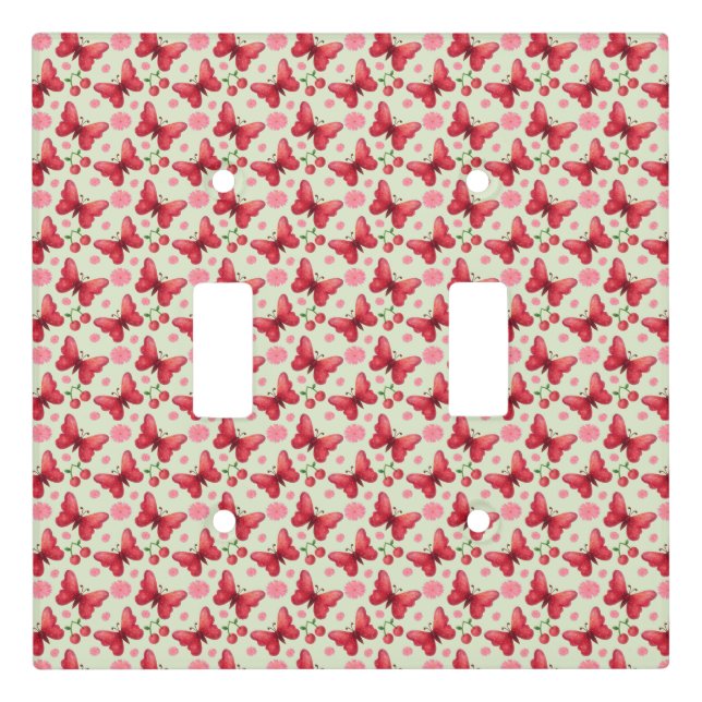 Whimsical Watercolor Butterfly and Cherry Pattern Light Switch Cover (Front)