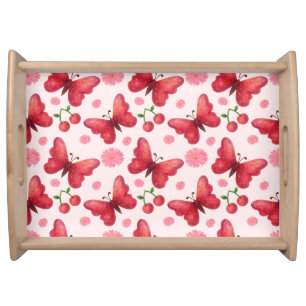 Whimsical Watercolor Butterfly and Cherry Pattern Serving Tray