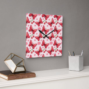 Whimsical Watercolor Butterfly and Cherry Pattern Square Wall Clock