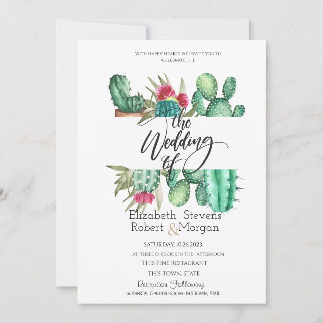Whimsical Watercolor Cactus Wedding Invitation (Front)