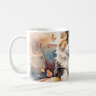 Whimsical Watercolor Calico Cat and Butterflies Coffee Mug