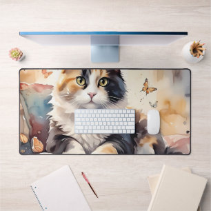 Whimsical Watercolor Calico Cat and Butterflies Desk Mat