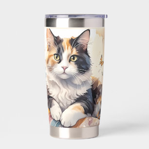 Whimsical Watercolor Calico Cat and Butterflies Insulated Tumbler