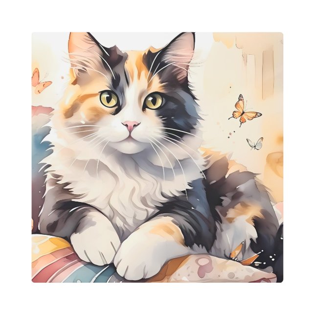 Whimsical Watercolor Calico Cat and Butterflies Metal Print (Front)