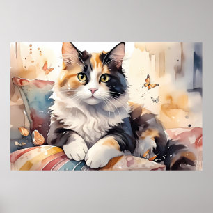 Whimsical Watercolor Calico Cat and Butterflies Poster