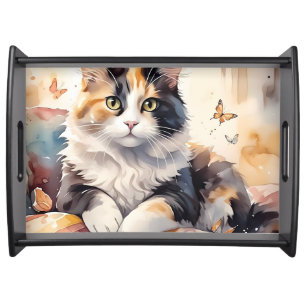 Whimsical Watercolor Calico Cat and Butterflies Serving Tray