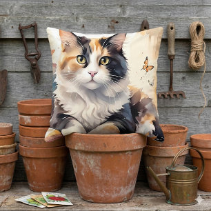 Whimsical Watercolor Calico Cat and Butterflies Throw Pillow