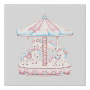 Whimsical Watercolor Carousel Unicorn Faux Canvas Print