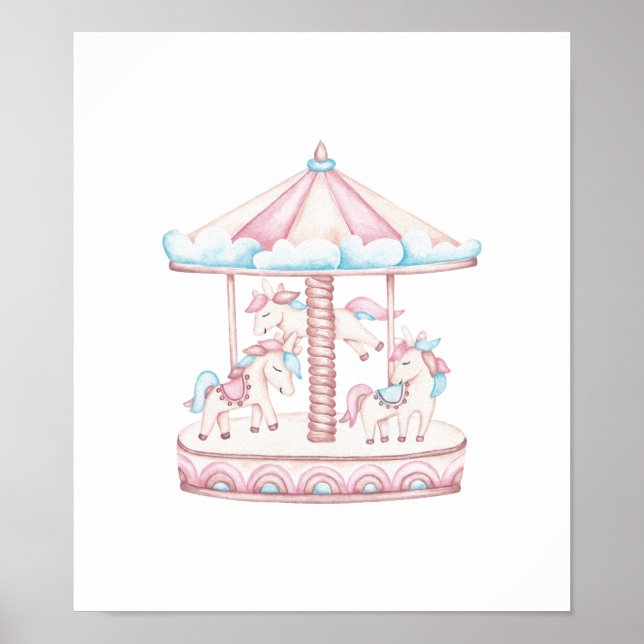 Whimsical Watercolor Carousel Unicorn Poster (Front)