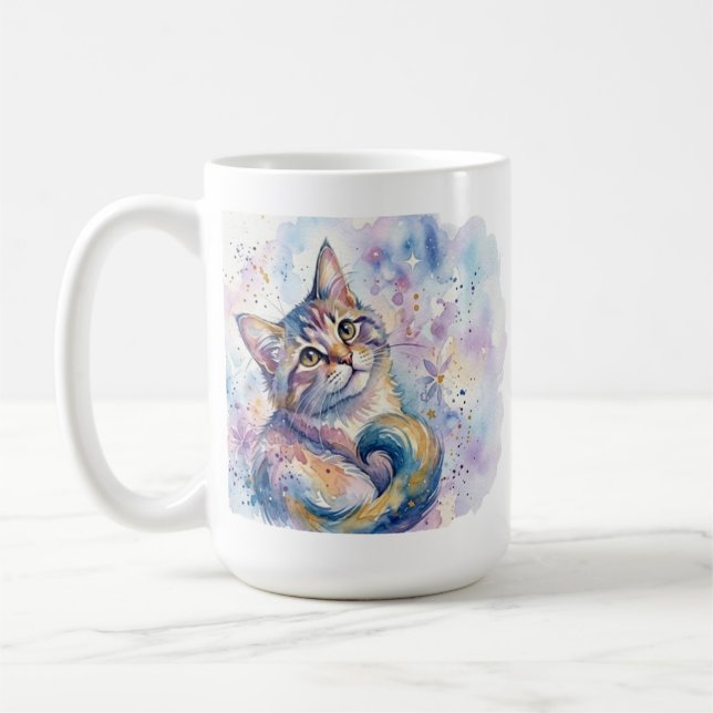 Whimsical Watercolor Cat Art Coffee Mug - Dreamy G (Left)