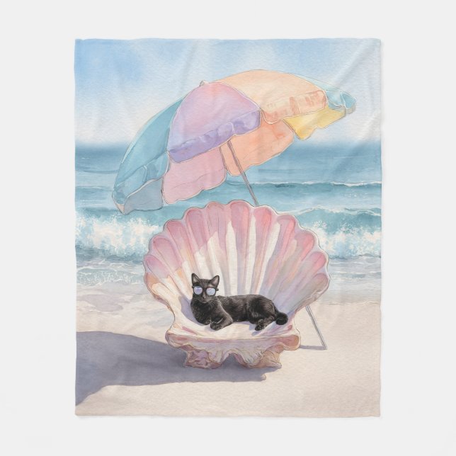 Whimsical Watercolor Cat Beach Blanket (Front)