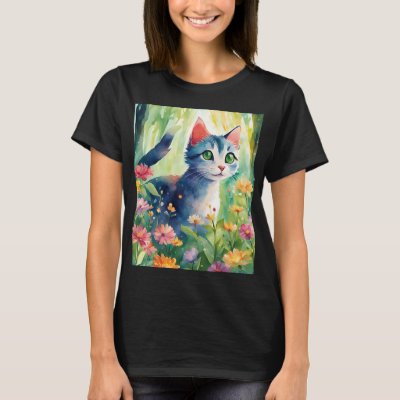 Whimsical Watercolor Cat in Floral Garden | Cute N T-Shirt