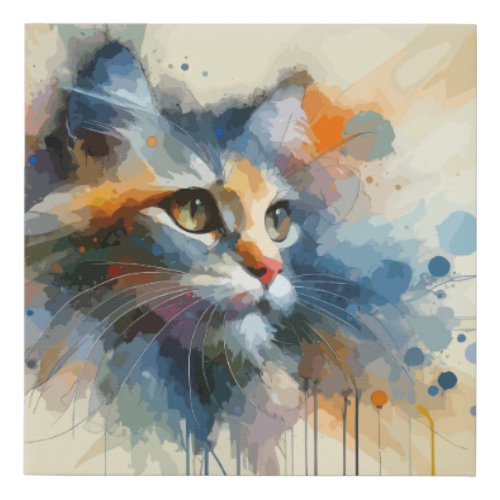 Whimsical Watercolor Cat Portrait Faux Canvas Print