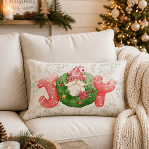Whimsical Watercolor Christmas Gnome Joy Lumbar Pillow