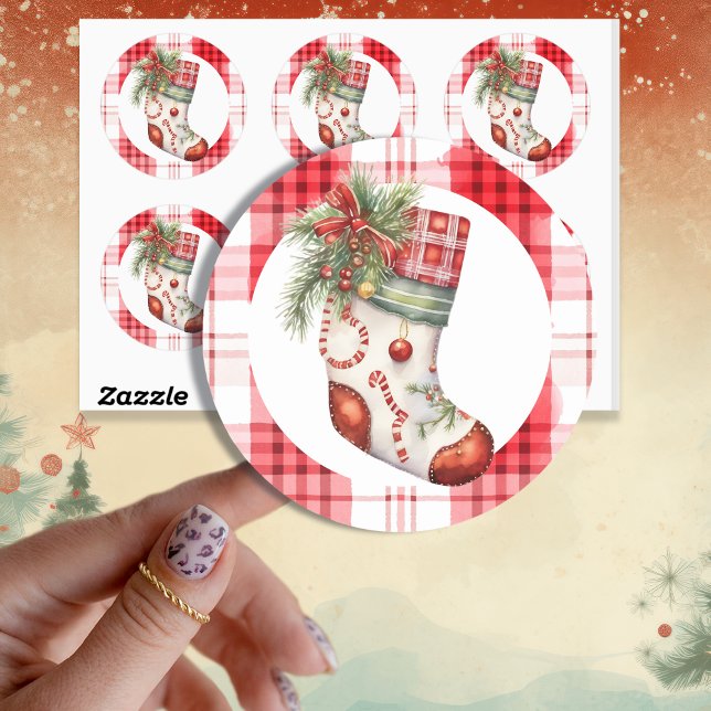 Whimsical Watercolor Christmas Stocking Classic Round Sticker (Creator Uploaded)