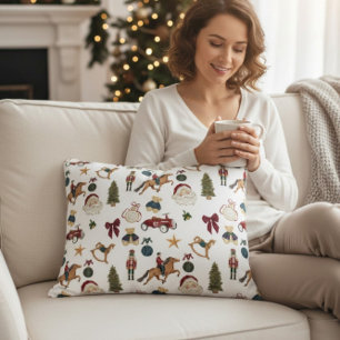 Whimsical Watercolor Christmas Toy Collage vintage Accent Pillow