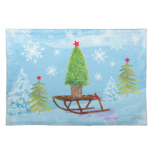 Whimsical Watercolor Christmas Trees And Sled Cloth Placemat